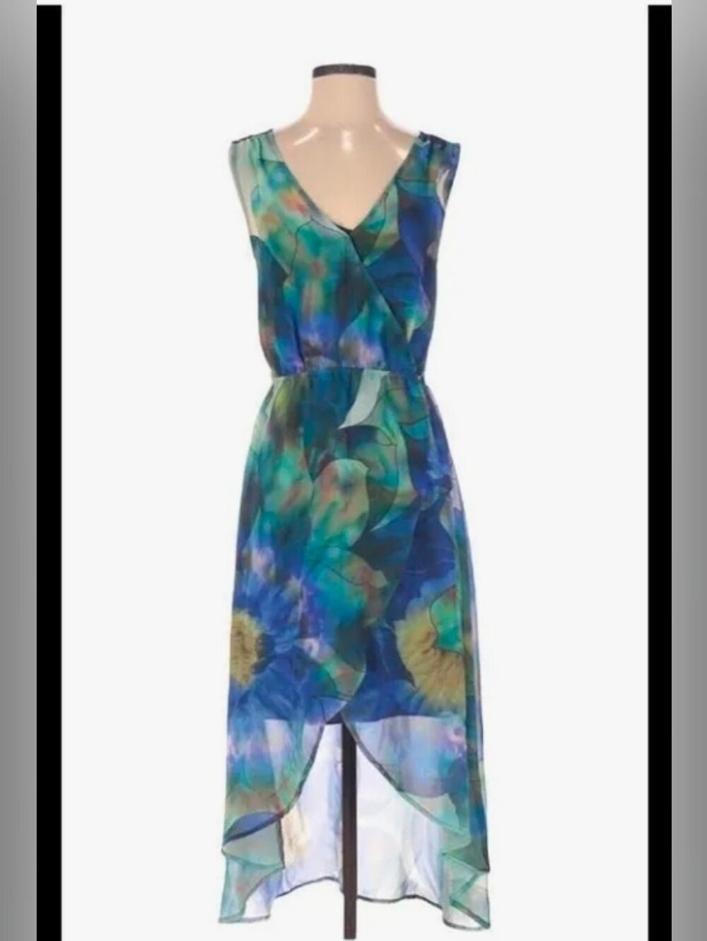Jenife Lopez Blue Floral Sheer Sleeveless Wrap Dress - Large